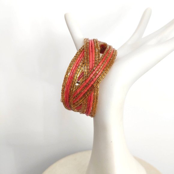 Gold and orange bugle bead memory wire cuff - Picture 2 of 10